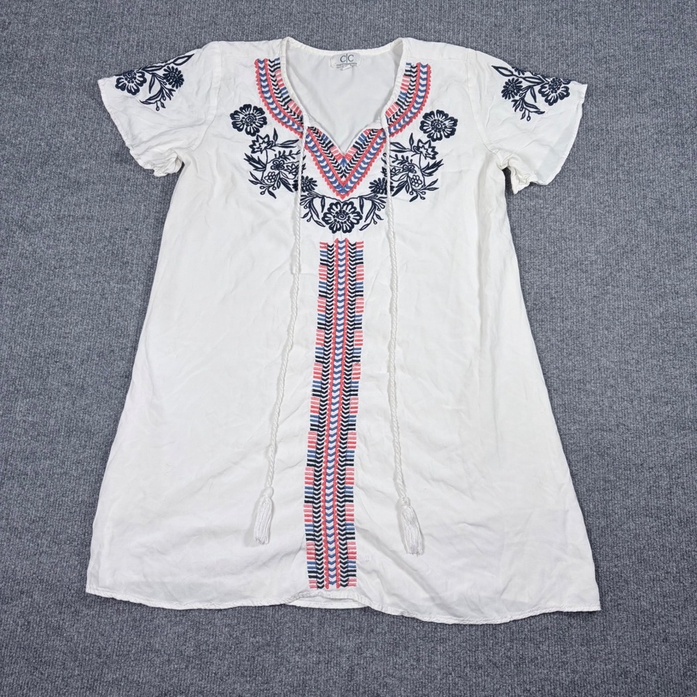 Chic Connection White Embroidered Boho Tunic‎ Dress Tassel Ties Medium